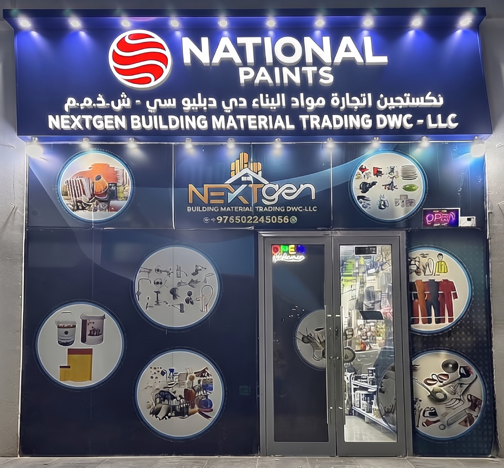 Next Gen Building Material Trading storefront in Madinat Al Mataar, Dubai South — National Paints dealer